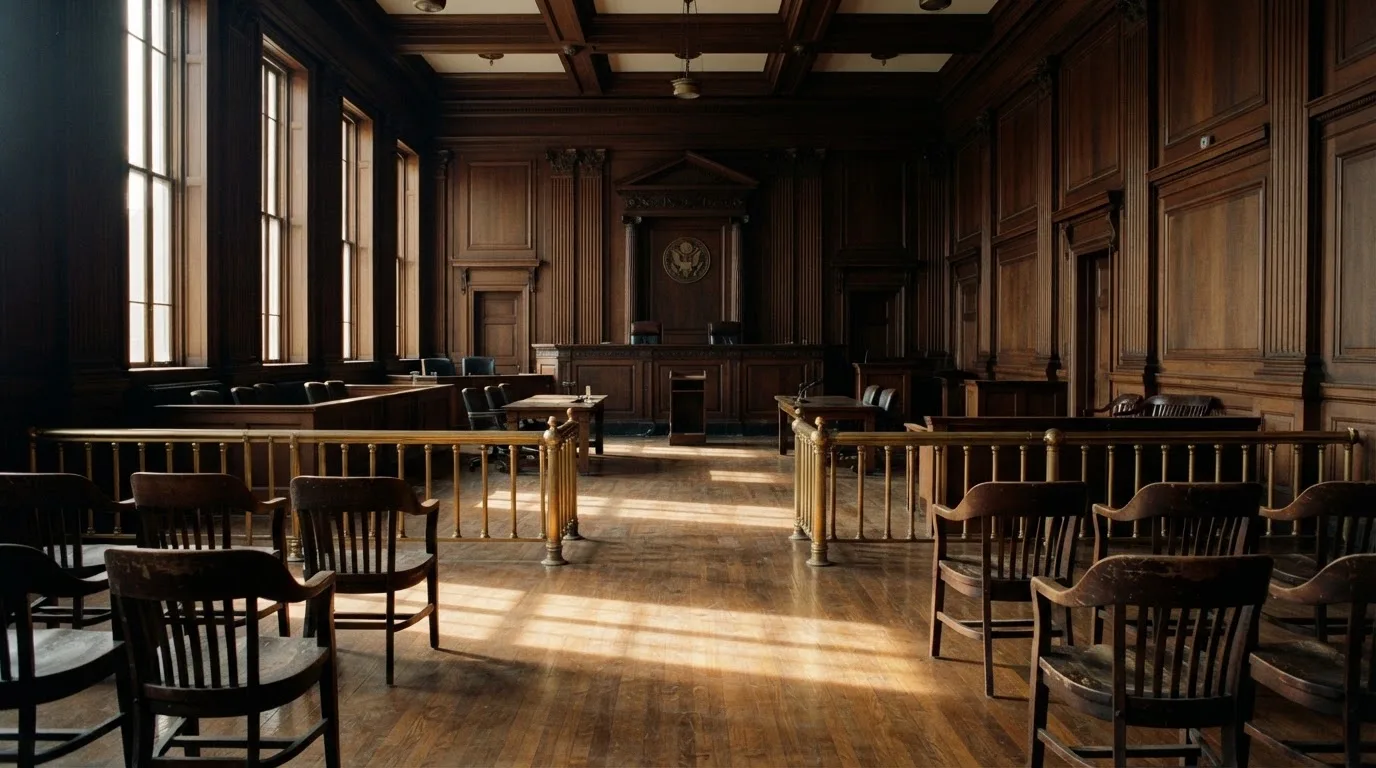 Sala de tribunal vazia com painéis de madeira, à luz da manhã — cassinos de criptomoedas pt