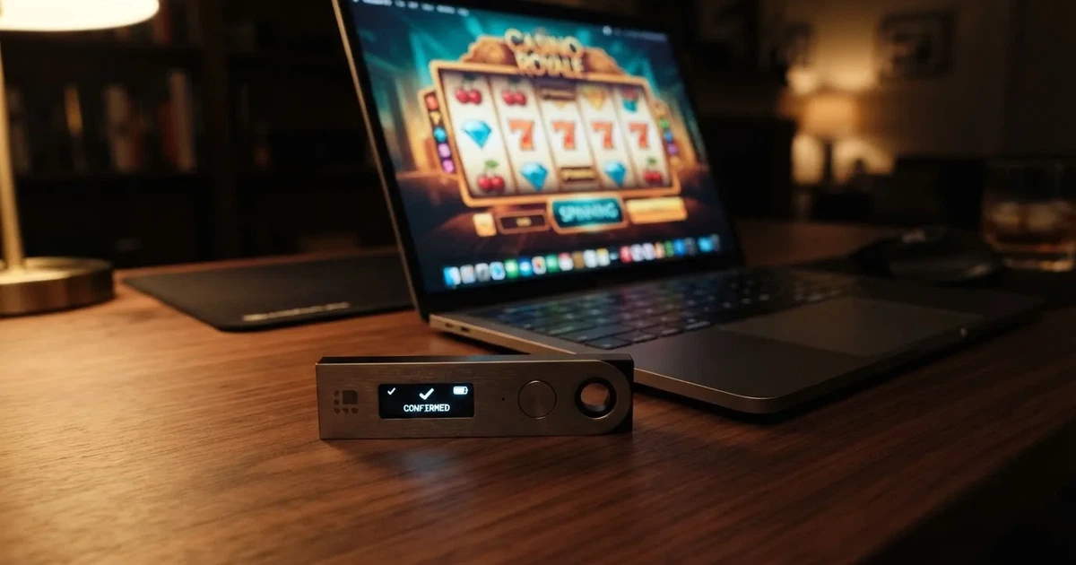 Carteira de hardware e computador portátil numa secretária, com luz suave — cassinos de criptomoedas pt