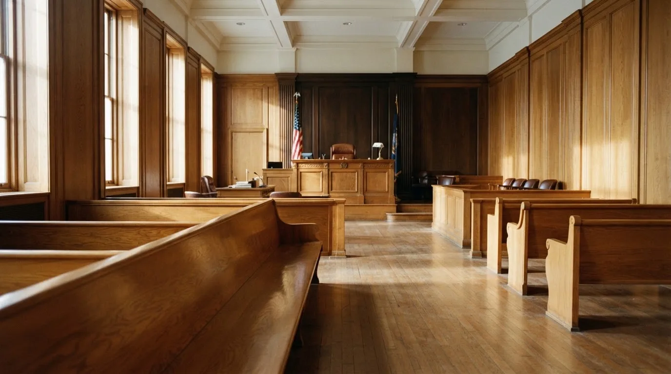 Sala de tribunal vazia com painéis de madeira, à luz da manhã — cassinos sem kyc em portugal