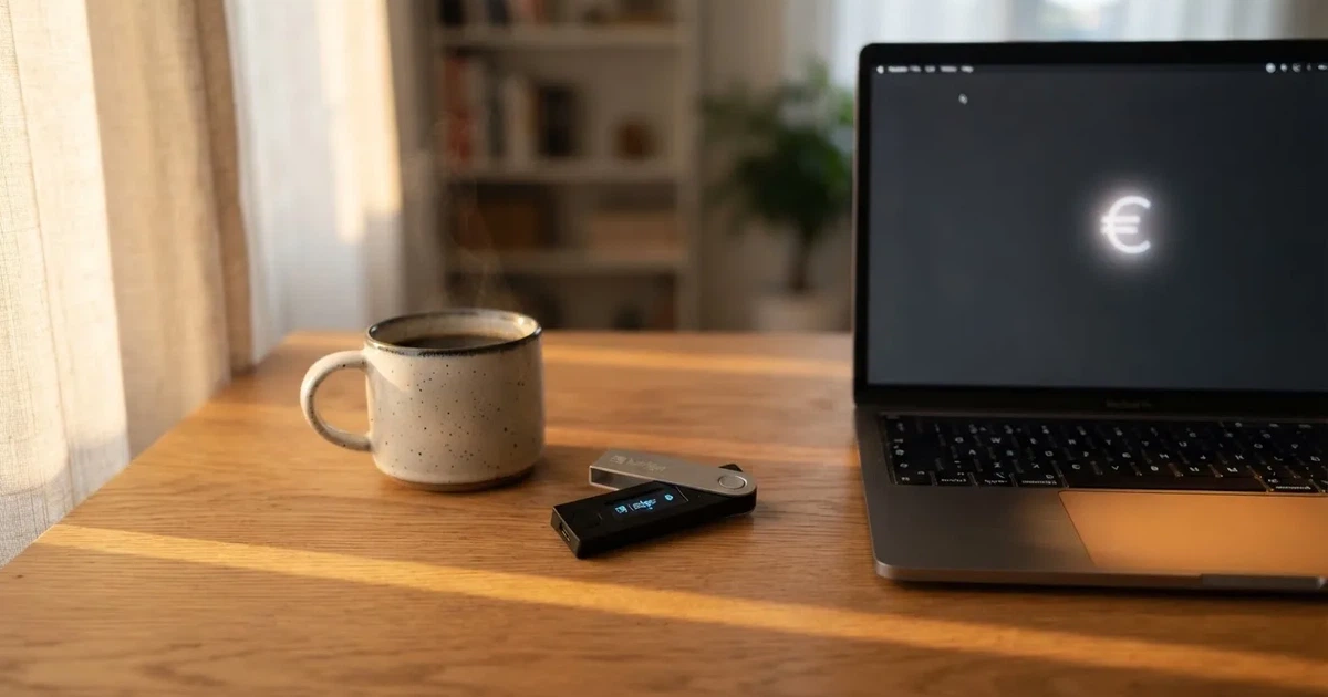 Carteira de hardware e computador portátil numa secretária, com luz suave — cassinos sem kyc em portugal