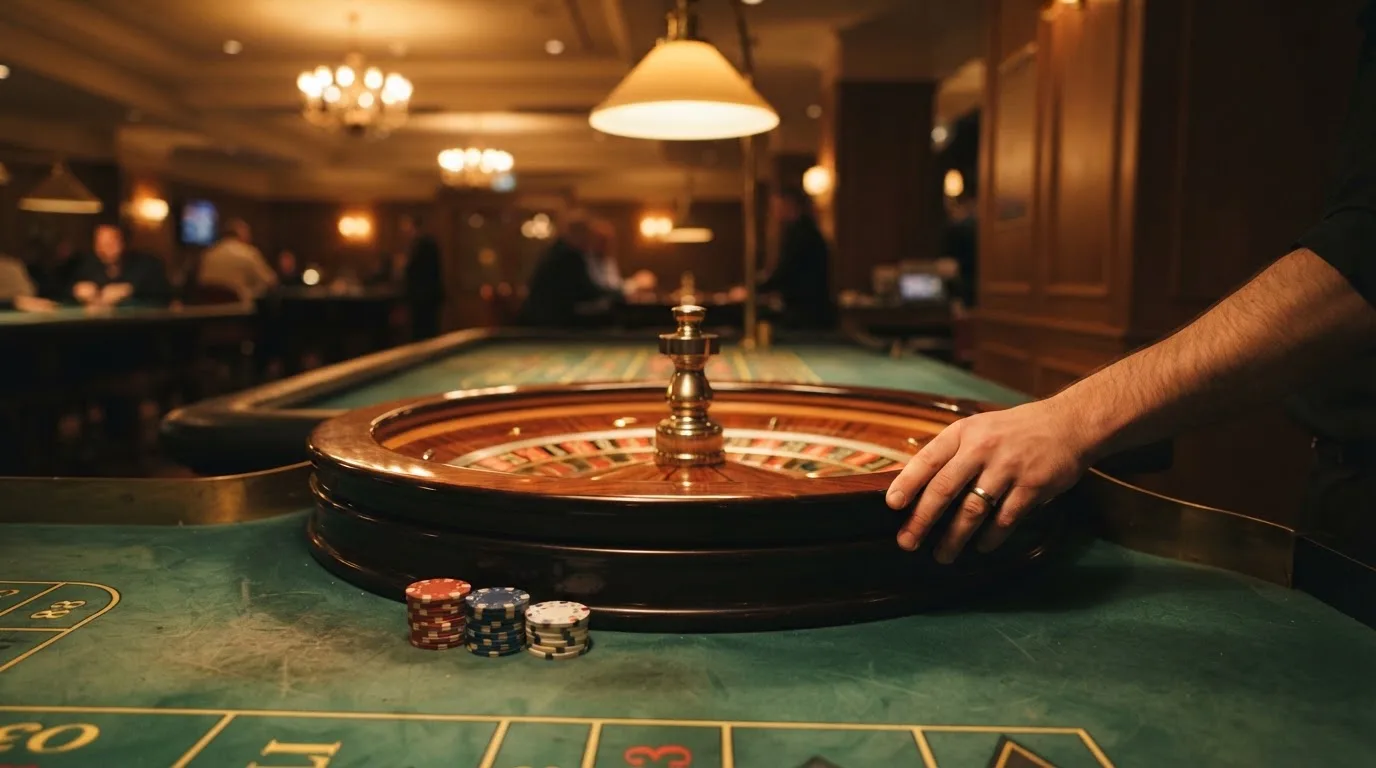Roda de roleta e fichas sobre feltro verde, sob uma luz quente de fim de tarde — como jogar em casino pt