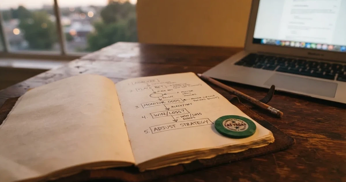 Caderno com um esboço passo a passo ao lado de um teclado — como jogar em casino pt