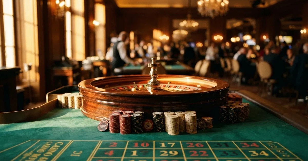 Roda de roleta e fichas sobre feltro verde, sob uma luz quente de fim de tarde — estoril casino em portugal