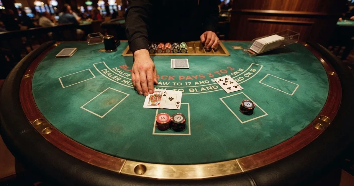 Mesa de jogo iluminada com cartas, vista de cima — estratégia de blackjack para portugueses