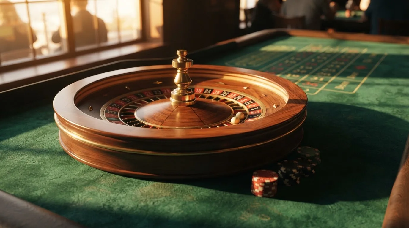 Roda de roleta e fichas sobre feltro verde, sob uma luz quente de fim de tarde — estratégia de roleta para portugueses