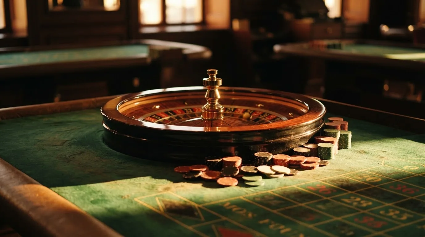 Roda de roleta e fichas sobre feltro verde, sob uma luz quente de fim de tarde — guias de casino para os portugueses