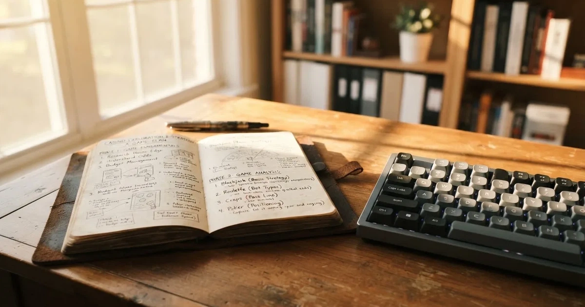 Caderno com um esboço passo a passo ao lado de um teclado — guias de casino para os portugueses