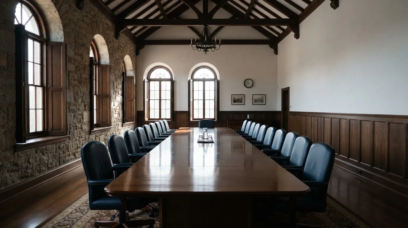 Sala de reuniões de um organismo público com mesa comprida, cadeiras alinhadas e janelas altas, sem pessoas, luz de manhã.