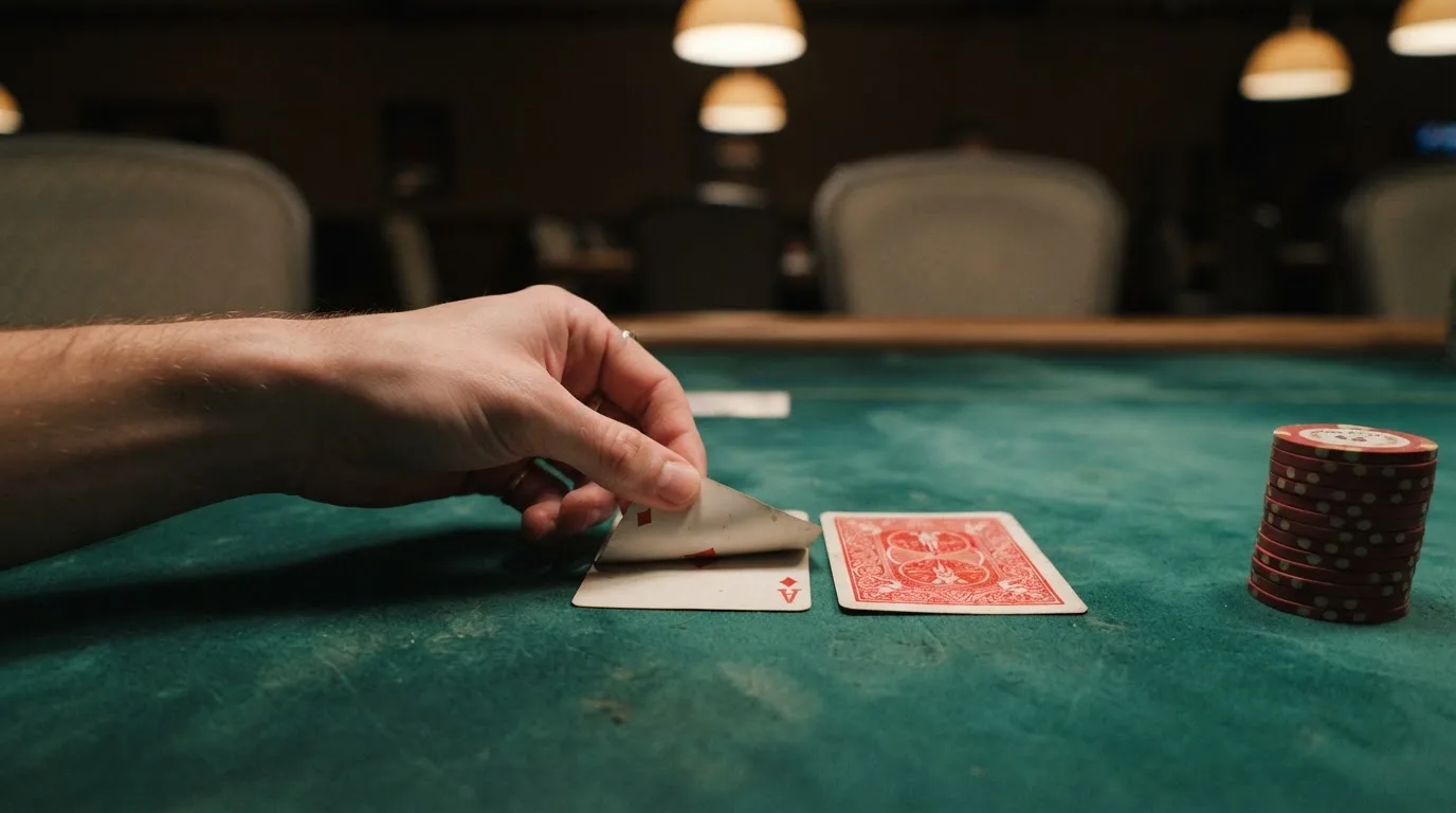 Mãos a espreitar duas cartas viradas para baixo numa mesa de feltro verde, com pilhas de fichas desfocadas ao lado.