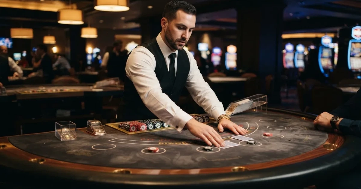 Croupier de colete preto a distribuir cartas numa mesa de blackjack semicircular, feltro verde, fichas empilhadas e iluminação baixa.