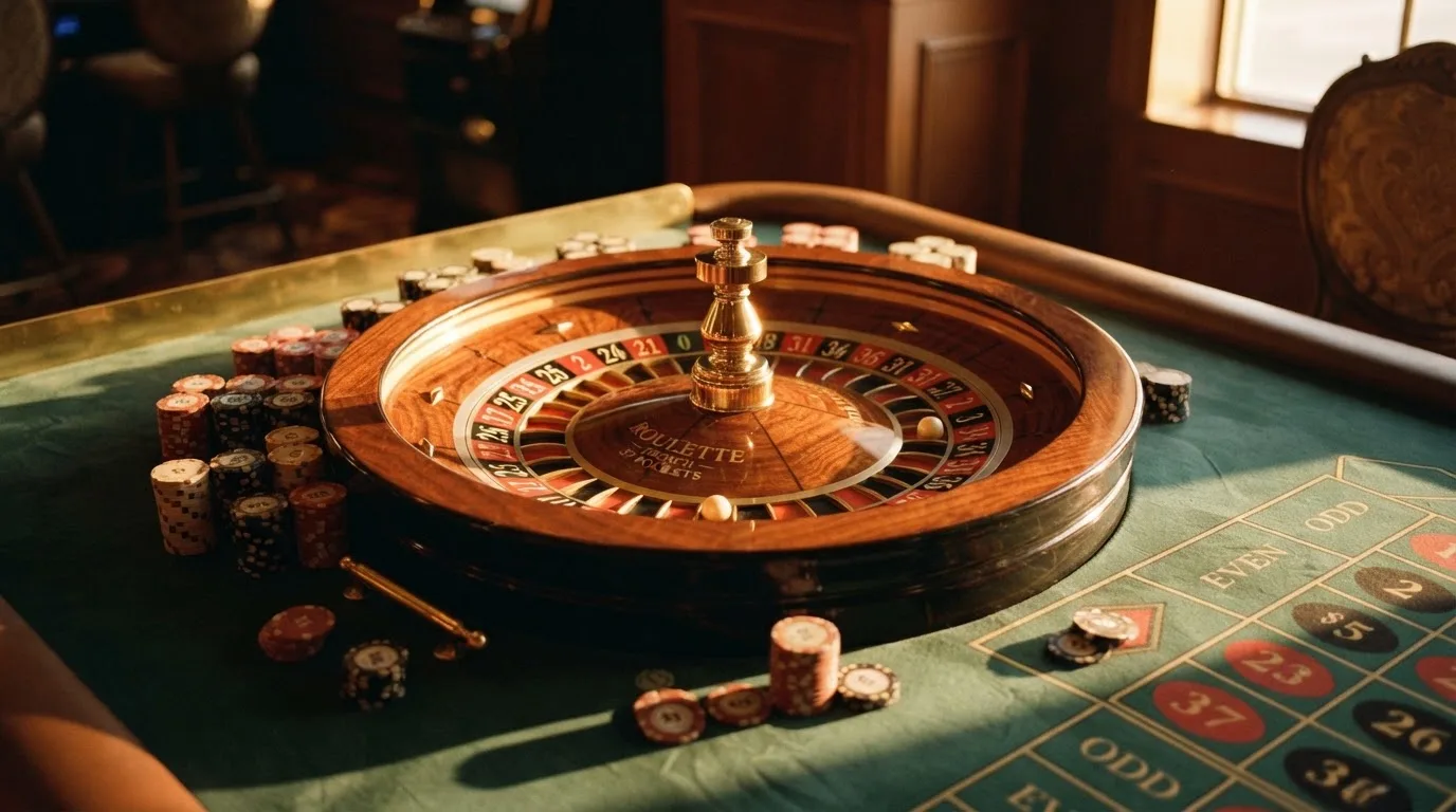 Roda de roleta e fichas sobre feltro verde, sob uma luz quente de fim de tarde — jogar no casino em portugal