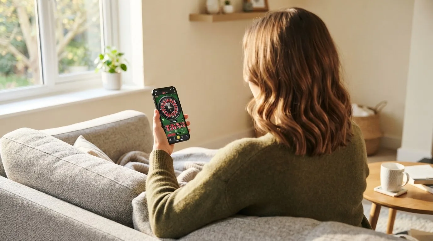Mulher sentada num sofá a jogar roleta no telemóvel, com uma chávena de café na mesa e luz natural a entrar pela janela.
