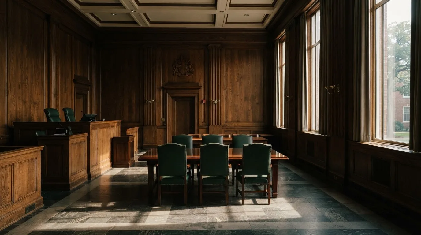 Sala de tribunal vazia com painéis de madeira, à luz da manhã — jogo de craps em portugal