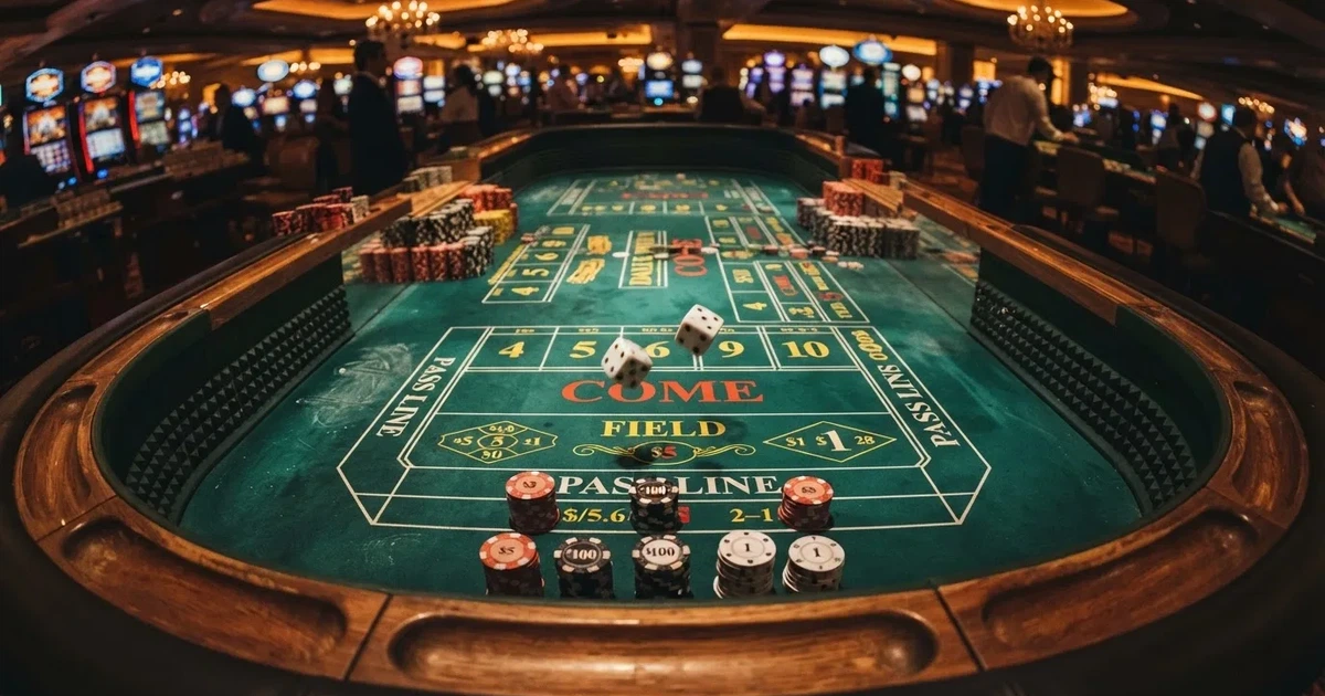 Mesa de jogo iluminada com cartas, vista de cima — jogo de craps em portugal
