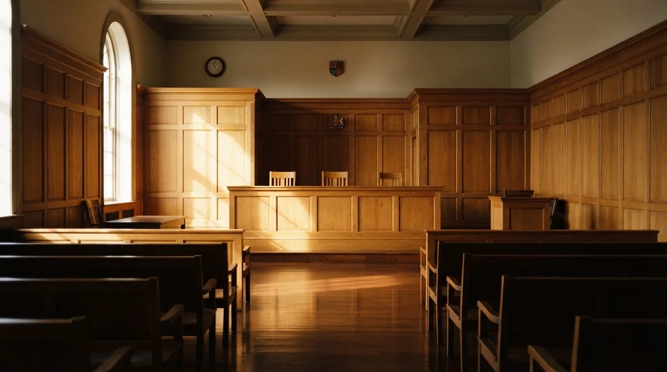 Sala de tribunal vazia com painéis de madeira, à luz da manhã — jogos de caça-níqueis em portugal