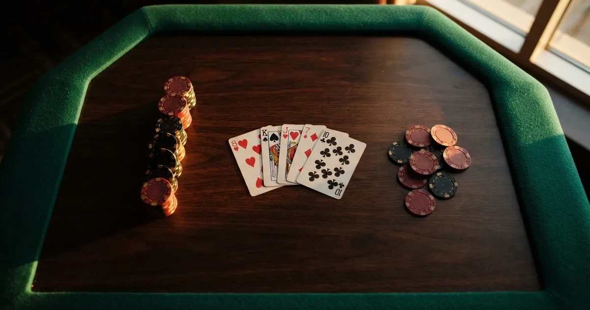 Mesa de jogo iluminada com cartas, vista de cima — jogos de caça-níqueis em portugal