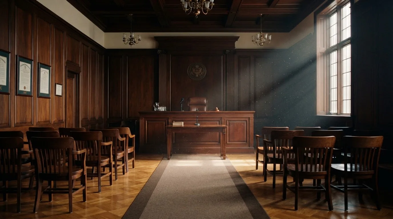 Sala de tribunal vazia com painéis de madeira, à luz da manhã — jogos de casino em portugal