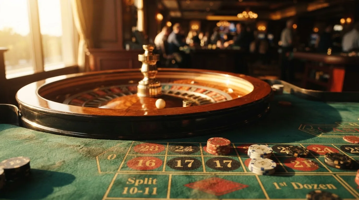 Roda de roleta e fichas sobre feltro verde, sob uma luz quente de fim de tarde — jogos de casino em portugal