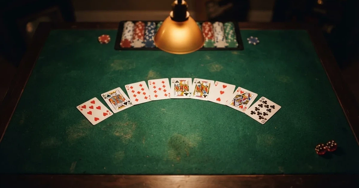 Mesa de jogo iluminada com cartas, vista de cima — jogos de casino em portugal