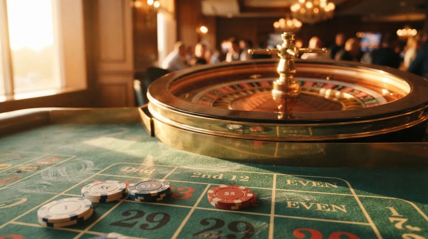Roda de roleta e fichas sobre feltro verde, sob uma luz quente de fim de tarde — jogos de casino grátis pt