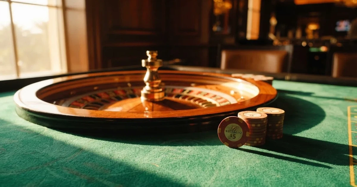 Roda de roleta e fichas sobre feltro verde, sob uma luz quente de fim de tarde — jogos de casino online pt