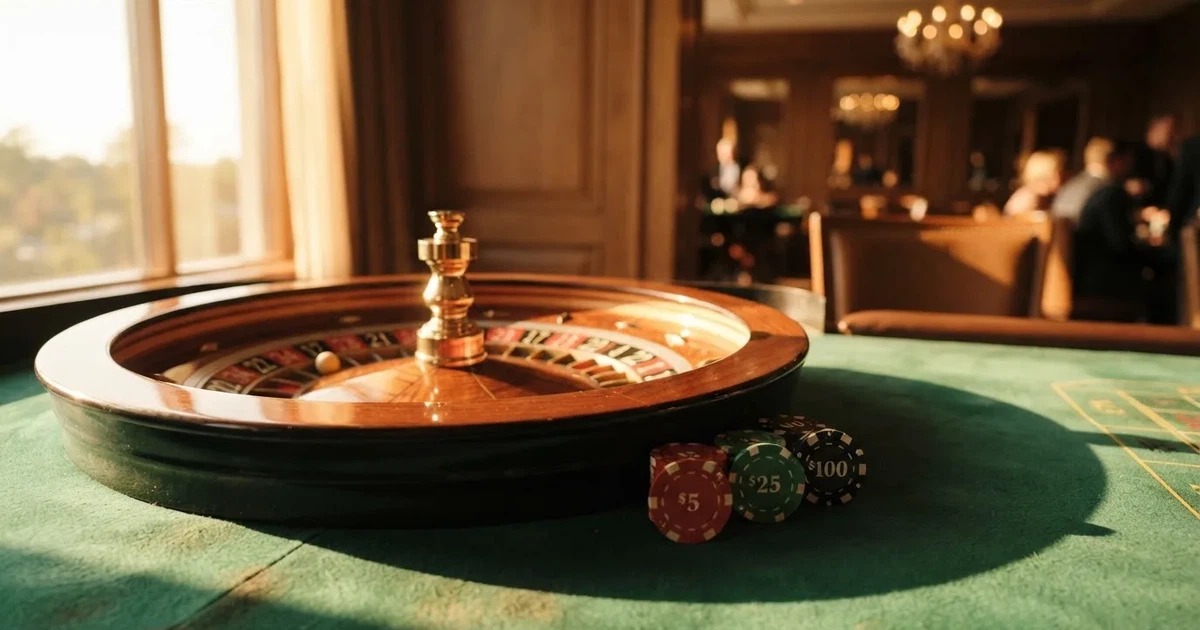 Roda de roleta e fichas sobre feltro verde, sob uma luz quente de fim de tarde — jogos de cassino em portugal