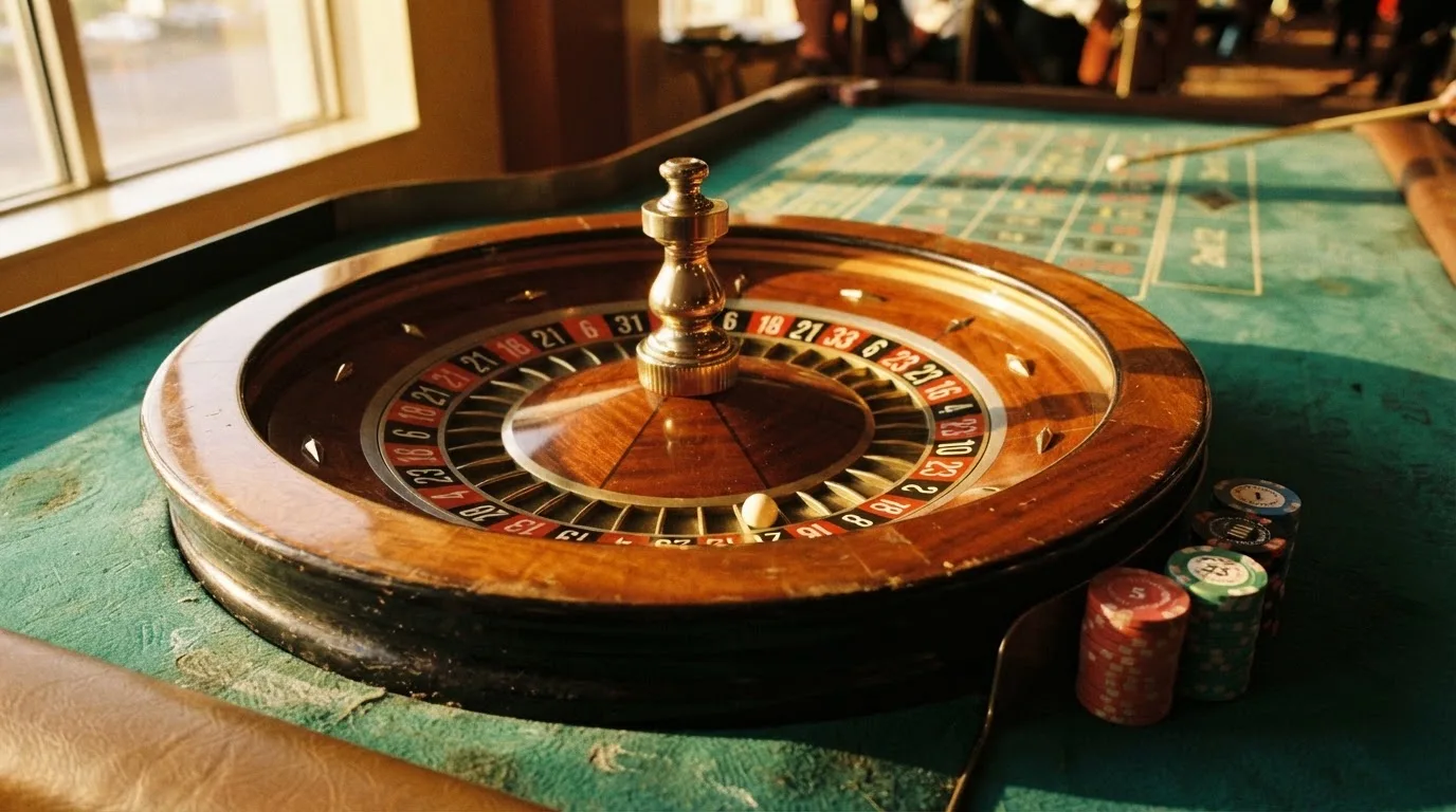 Roda de roleta e fichas sobre feltro verde, sob uma luz quente de fim de tarde — jogos de roleta em casino pt