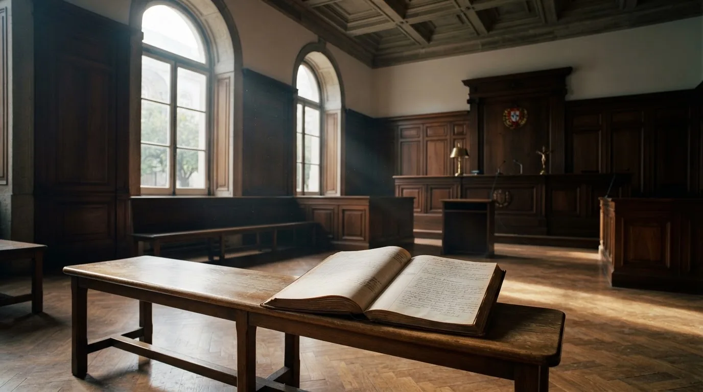 Sala de tribunal vazia com painéis de madeira, à luz da manhã — jogos de slots em portugal