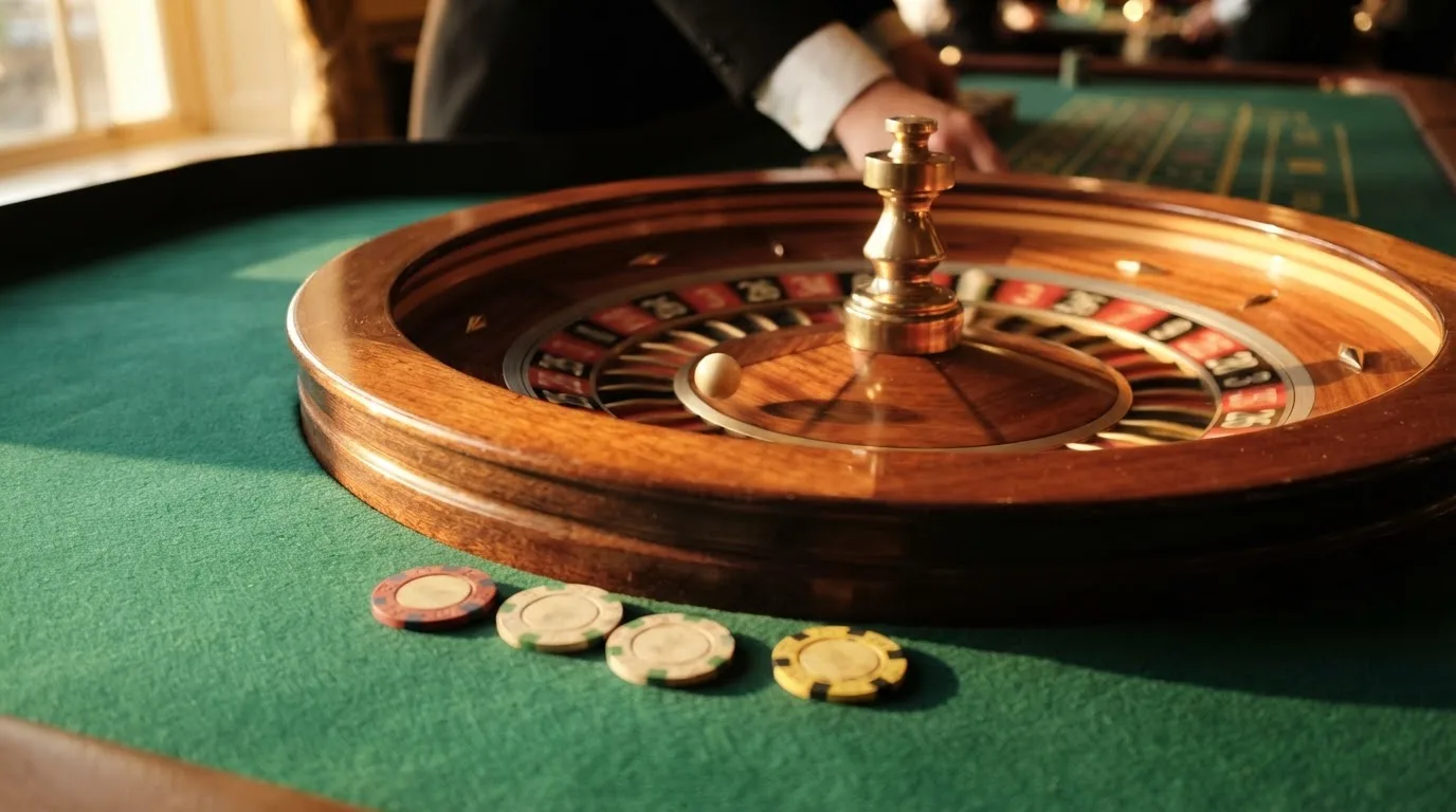 Roda de roleta e fichas sobre feltro verde, sob uma luz quente de fim de tarde — jogos de slots em portugal
