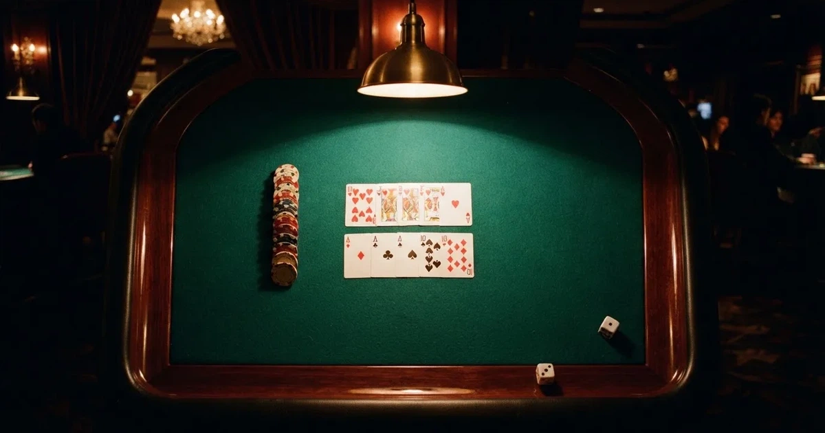 Mesa de jogo iluminada com cartas, vista de cima — jogos de slots em portugal