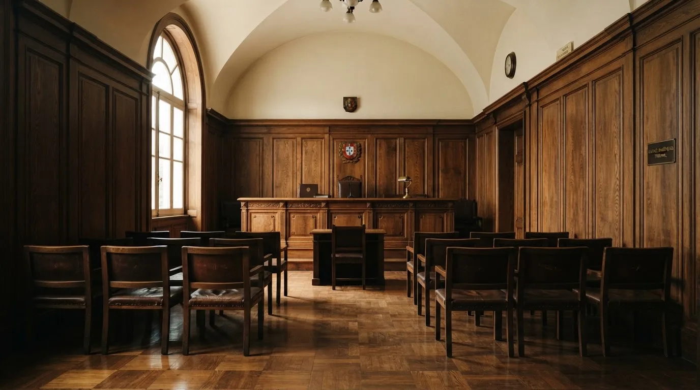 Sala de tribunal vazia com painéis de madeira, à luz da manhã — live casinos em portugal