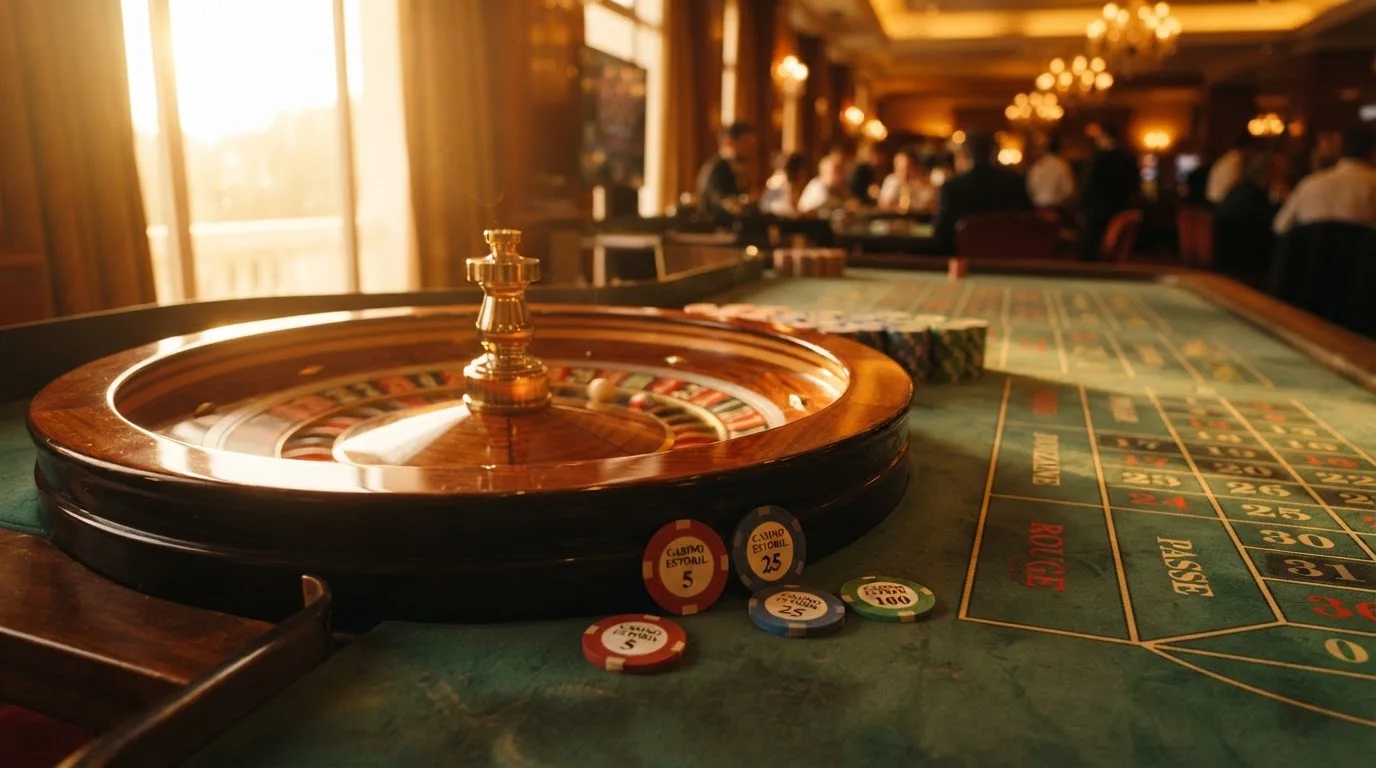 Roda de roleta e fichas sobre feltro verde, sob uma luz quente de fim de tarde — live casinos em portugal