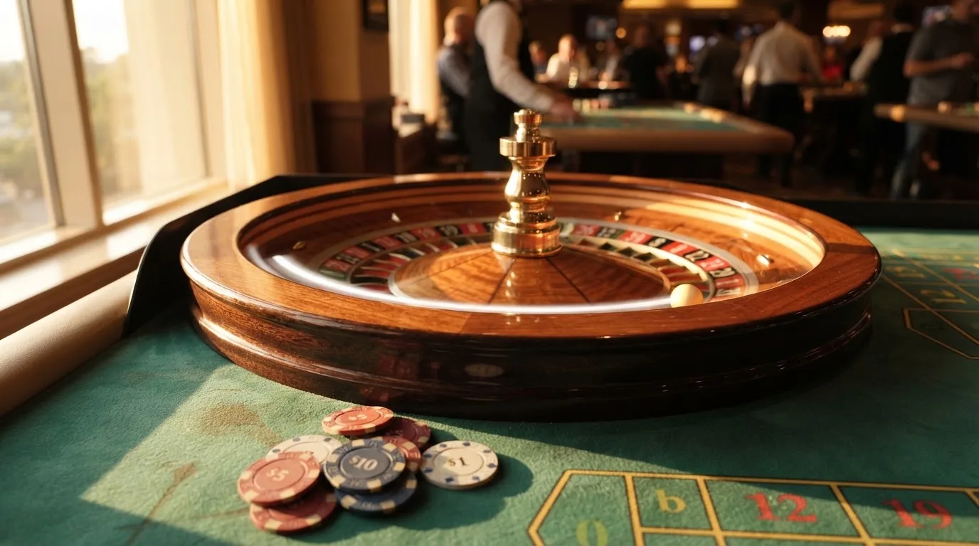 Roda de roleta e fichas sobre feltro verde, sob uma luz quente de fim de tarde — máquinas de casino em portugal
