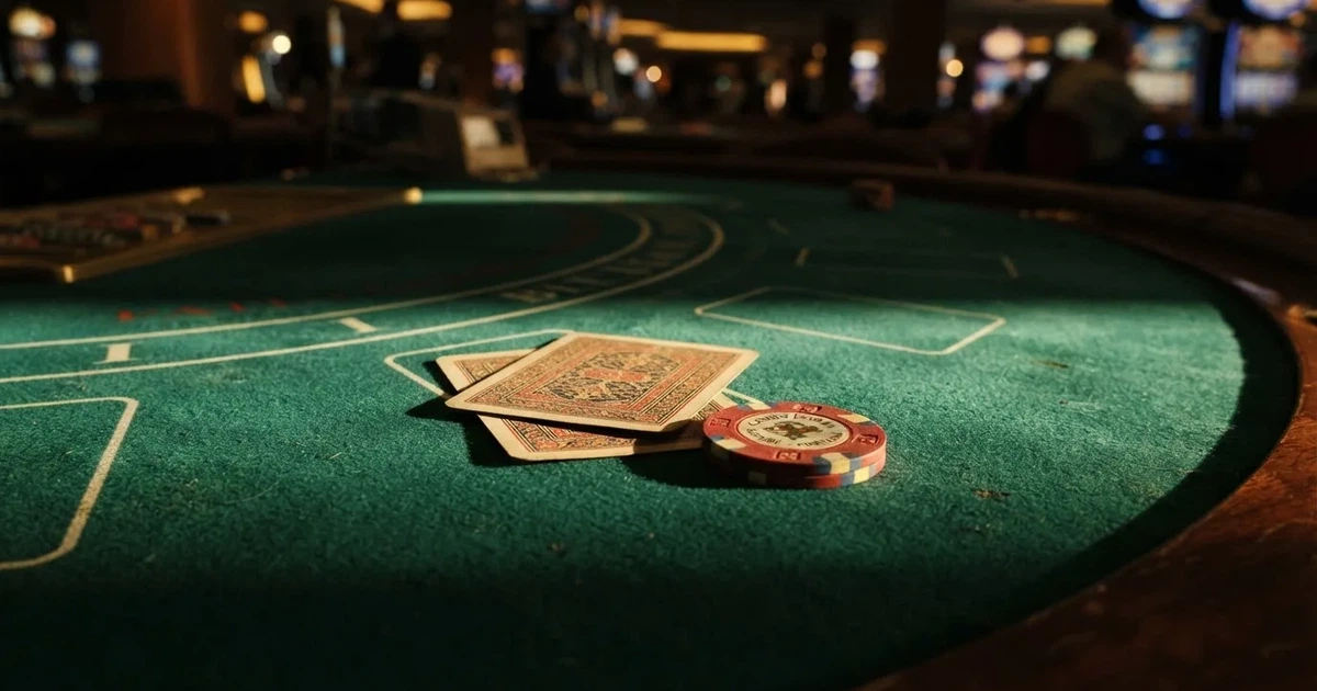 Mesa de jogo iluminada com cartas, vista de cima — máquinas de casino em portugal