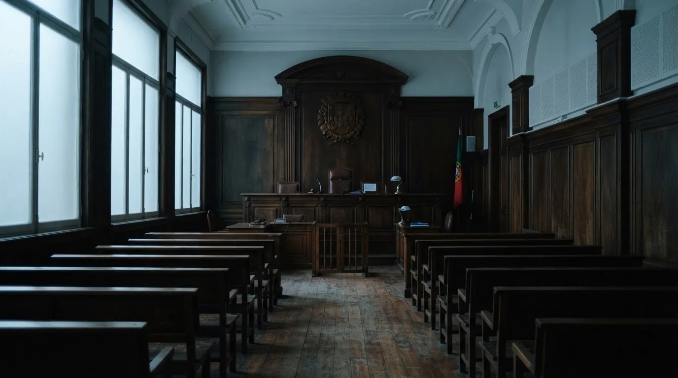 Sala de tribunal vazia com painéis de madeira, à luz da manhã — melhor blackjack em portugal