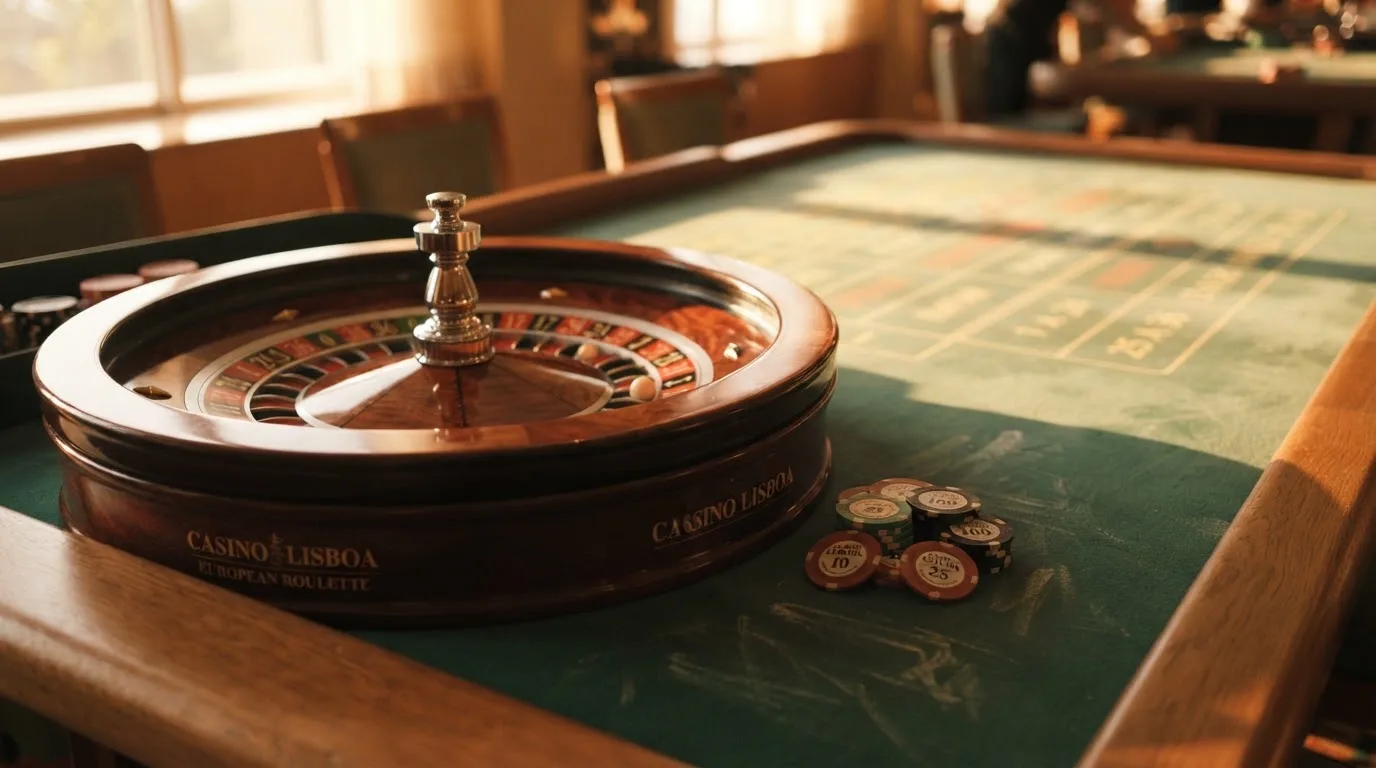 Roda de roleta e fichas sobre feltro verde, sob uma luz quente de fim de tarde — melhor blackjack em portugal