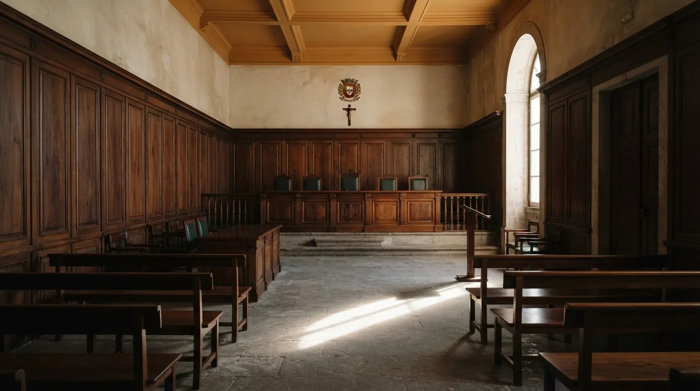 Sala de tribunal vazia com painéis de madeira, à luz da manhã — melhor roleta em portugal