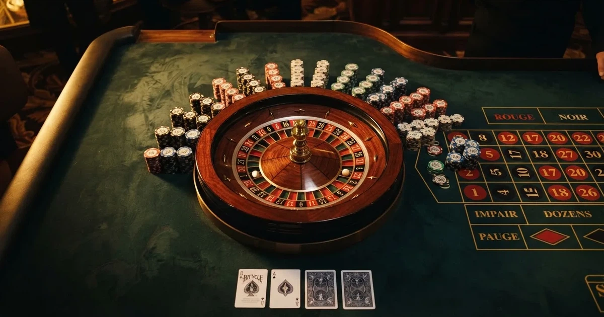 Mesa de jogo iluminada com cartas, vista de cima — melhor roleta em portugal