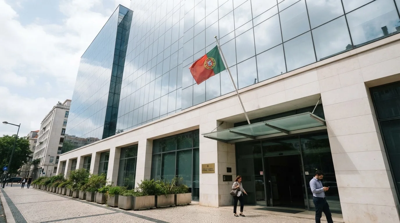 Edifício de escritórios de um organismo público em Lisboa, visto da rua, com vidros espelhados a refletir o céu e uma bandeira.
