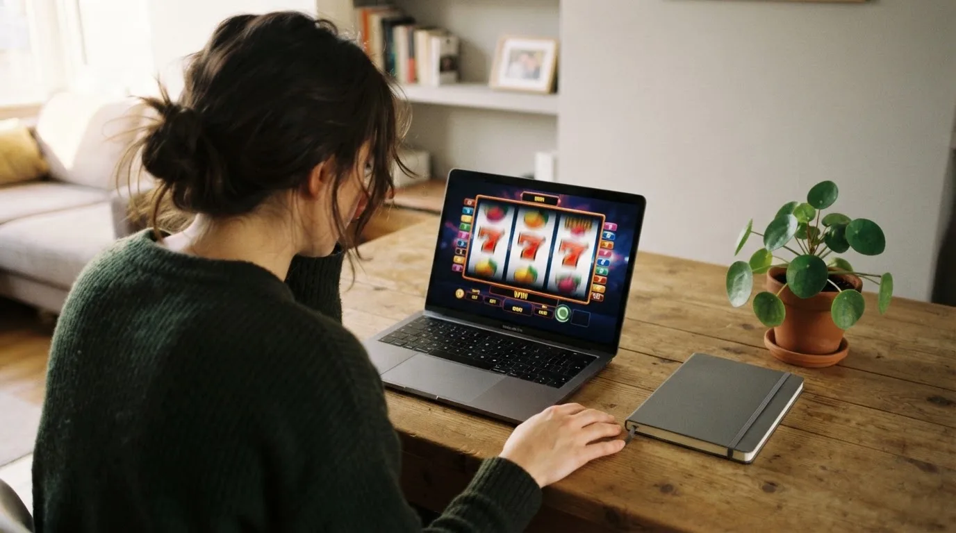 Pessoa a explorar um casino online no portátil numa mesa de sala, com bloco de notas fechado e uma planta ao lado.