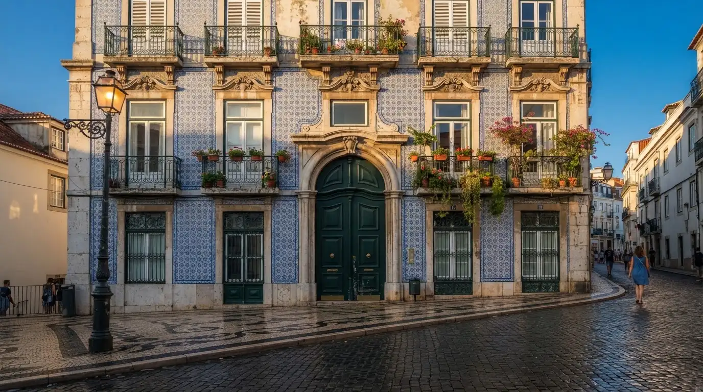 Fachada de um edifício oficial lisboeta com azulejos e portas altas, rua em calçada portuguesa e um candeeiro antigo.