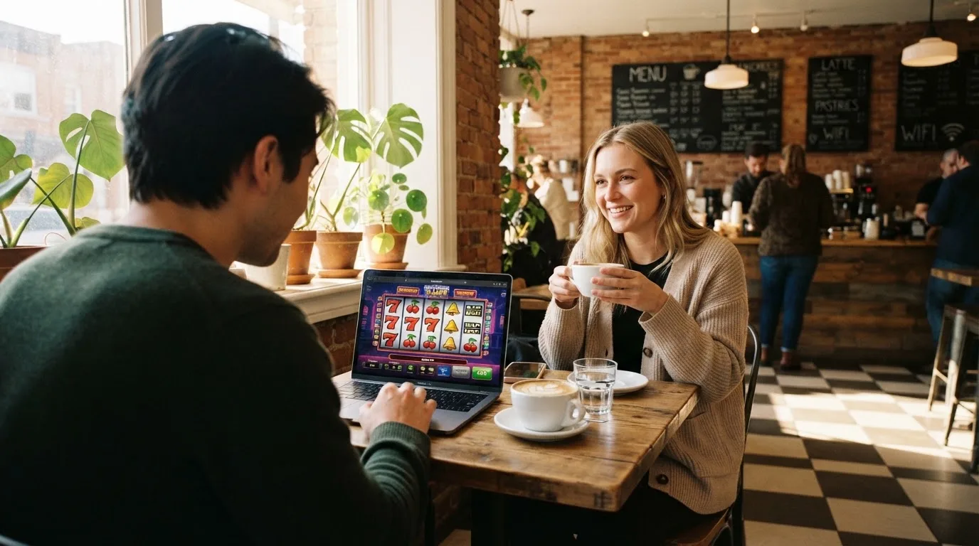 Duas pessoas a comparar opções à mesa de um café, com portátil aberto e dois cafés, luz natural de janela.