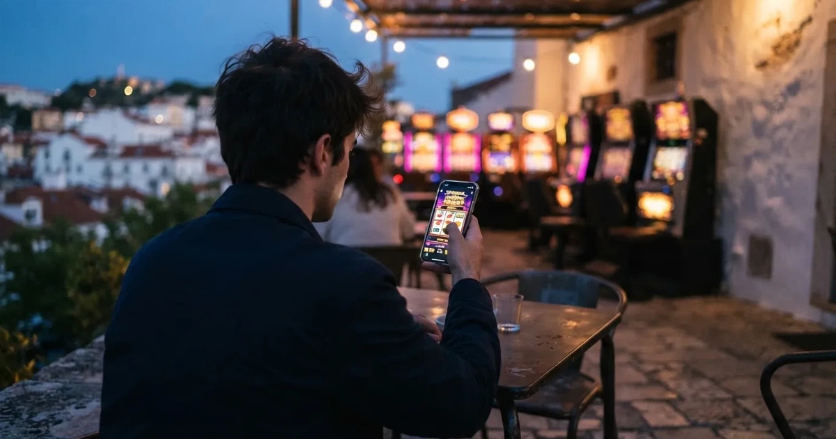 Jovem a deslizar o dedo num telemóvel, com rolos coloridos de uma máquina desfocados ao fundo, ambiente noturno e luzes quentes.