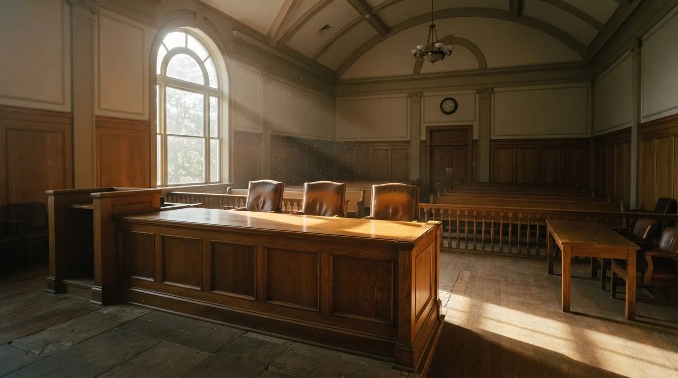 Sala de tribunal vazia com painéis de madeira, à luz da manhã — mesas de casino em portugal