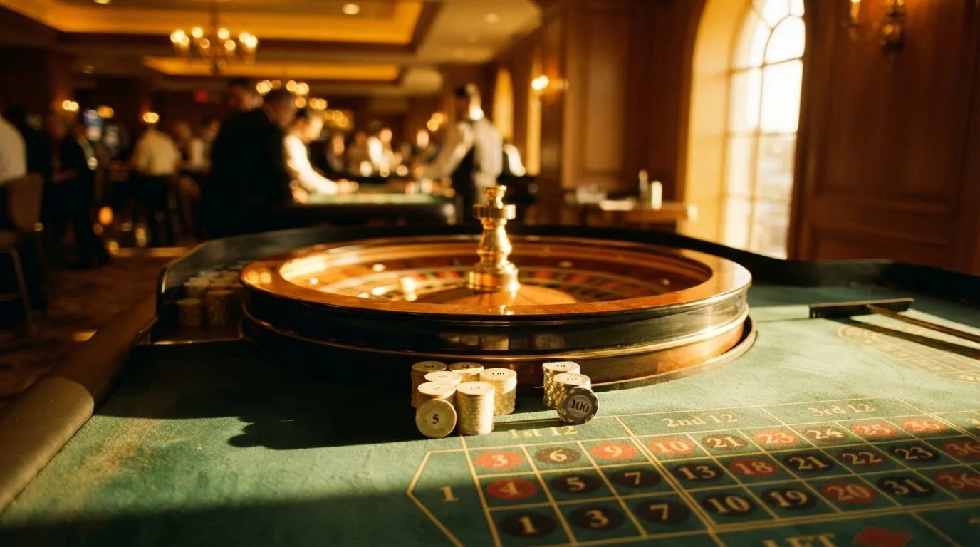 Roda de roleta e fichas sobre feltro verde, sob uma luz quente de fim de tarde — mesas de casino em portugal