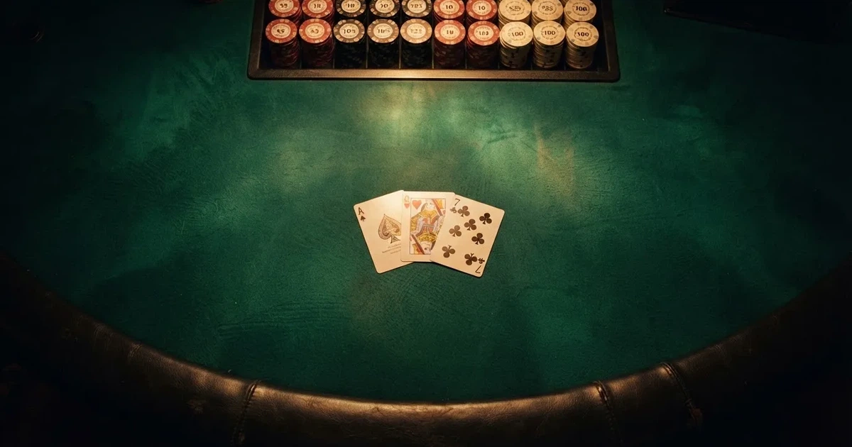Mesa de jogo iluminada com cartas, vista de cima — mesas de casino em portugal