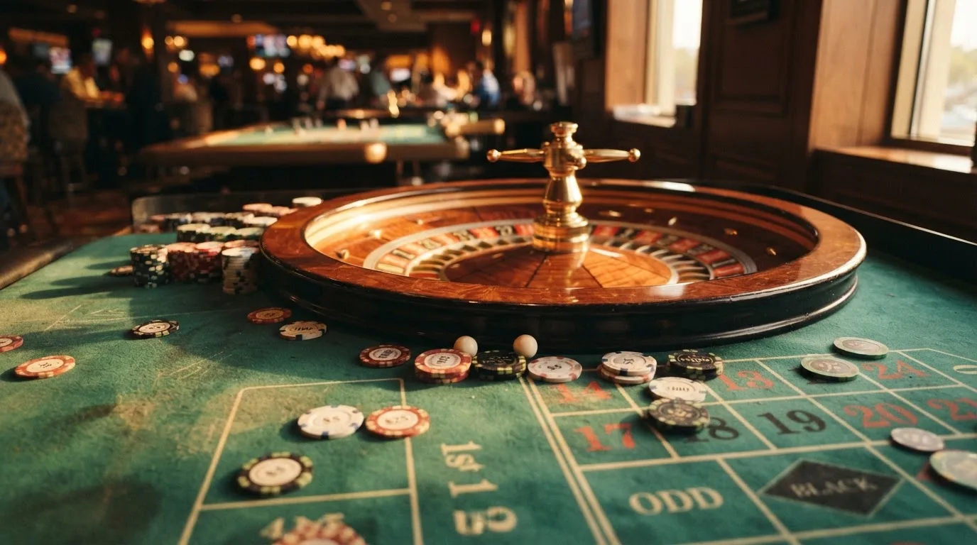 Roda de roleta e fichas sobre feltro verde, sob uma luz quente de fim de tarde — novo casino em portugal