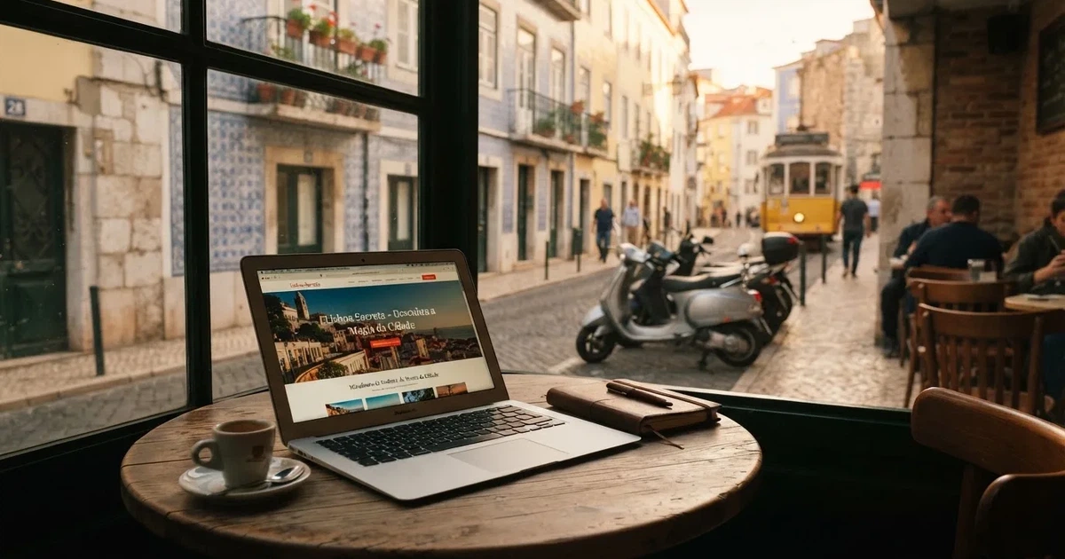 Computador portátil numa mesa de café junto a uma janela virada para a rua — novo casino em portugal