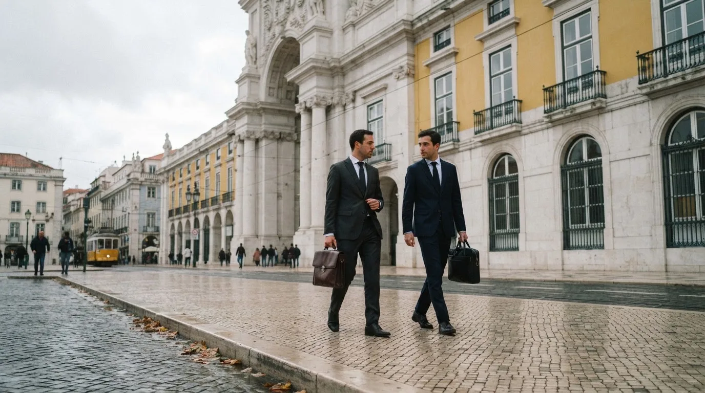 Pessoas de fato a caminhar à frente de um edifício de serviços públicos em Lisboa, com pasta na mão e céu nublado.