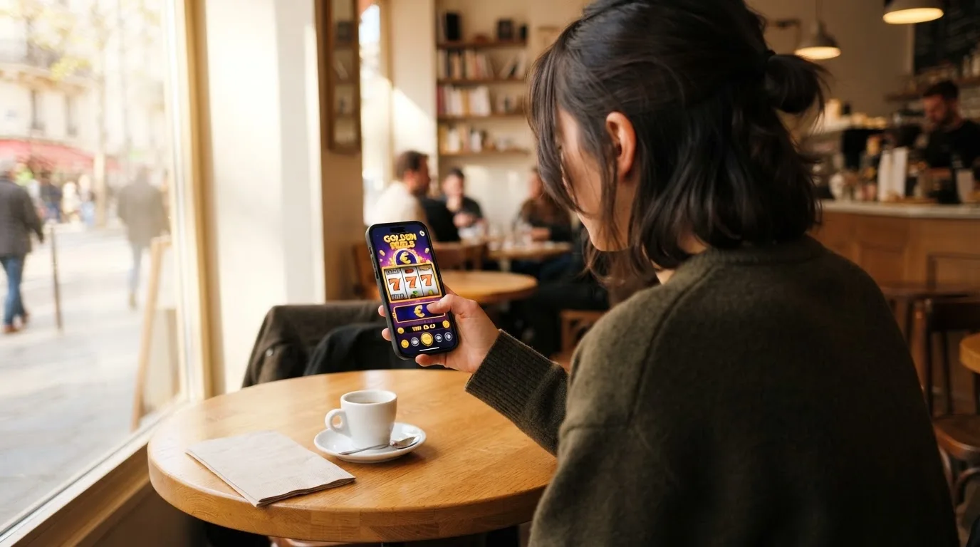 Pessoa a explorar jogos no telemóvel num café, com uma bica na mesa e luz de manhã a entrar pela montra.